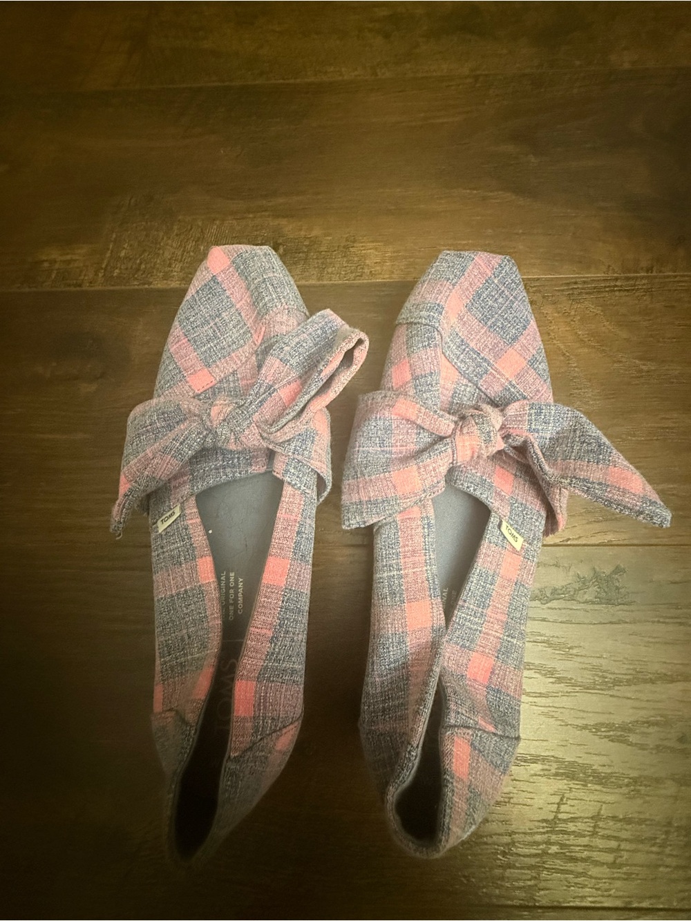 TOMS Pink and Gray Plaid Bow Pointed-Toe Flats